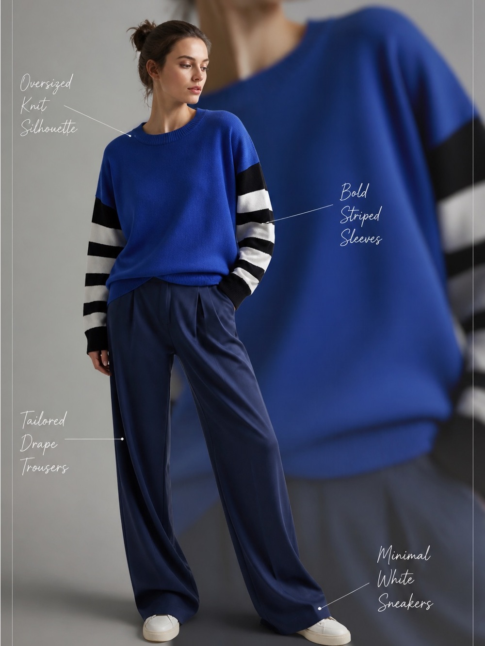 Free People Royal Blue Crew Sweater with Black & White Striped Sleeves